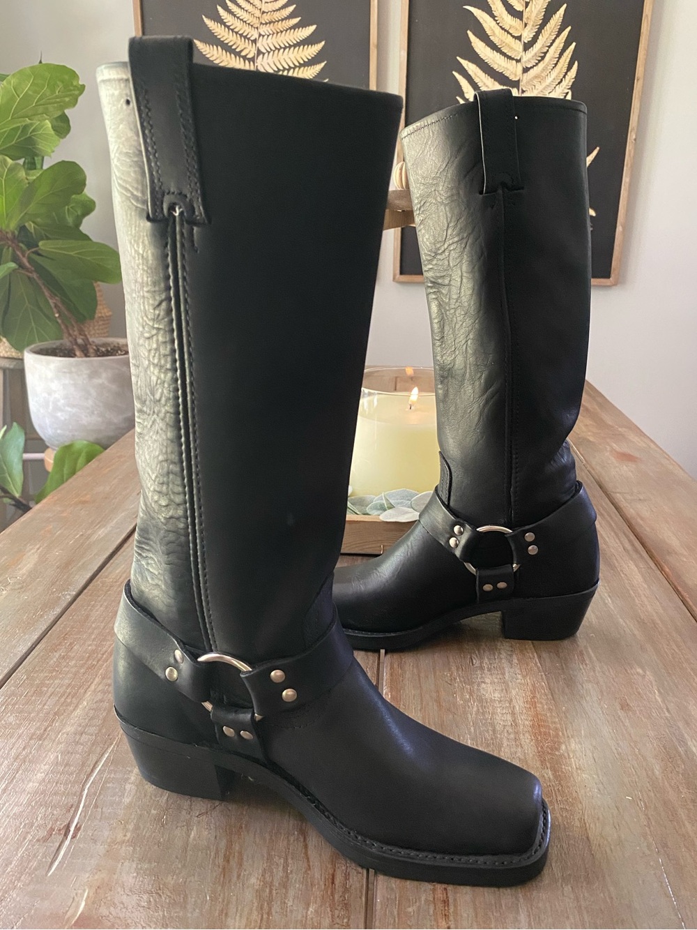 Frye Harness Leather Boots 12R Tall Moto Motorcycle Biker Women Size 7.5 M Black